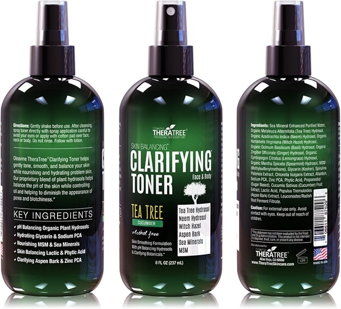 TheraTree Clarifying Toner with MSM, Tea Tree & Neem Hydrosol - Alcohol-Free Complexion Control for Face & Body - Reduces Appearance of Pores & Controls Oil - 8 Fl Oz