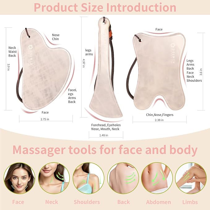Gua Sha Massage Tools, 3Pcs Gua Sha Tools of Multi-Shapes, Guasha Scraping Massage Tools for Face and Body,Pink