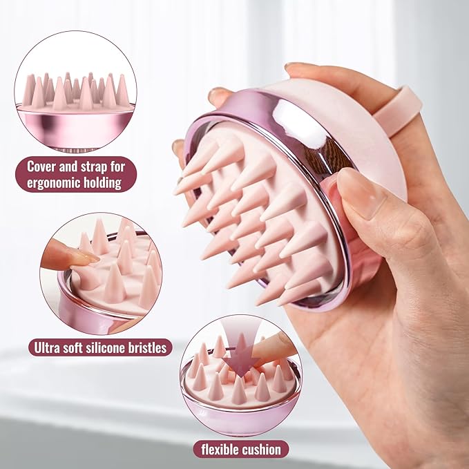 SHINLEA 2 in 1 Scalp Massager Hair Growth,Scalp Scrubber with Soft Silicone Bristles for Dandruff Removal,Shampoo Brush for Exfoliation,Head Massager for Both Wet and Dry Use (Pink)
