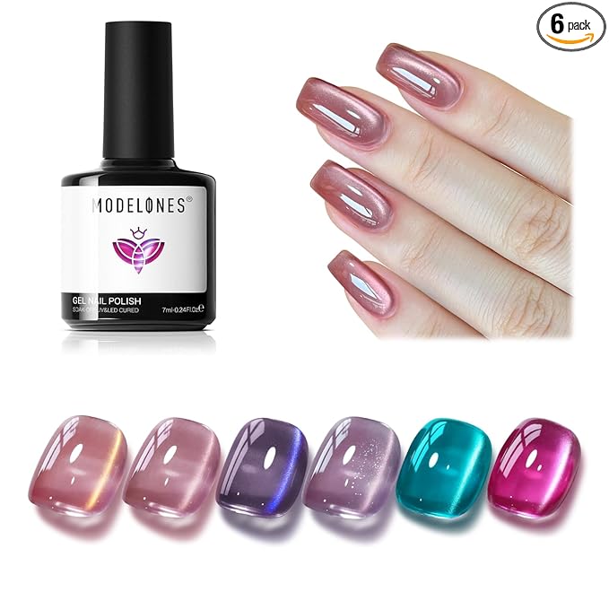 Modelones Cat Eye Gel Nail Polish Set, 6 Colors Coloful Neon Galaxy Champagne Lake Blue Grape Purple Gold Brown Hot Pink 9D Glassy Cat Eye Glitter Gel Polish with Magnet LED Soak Off Manicure Gift