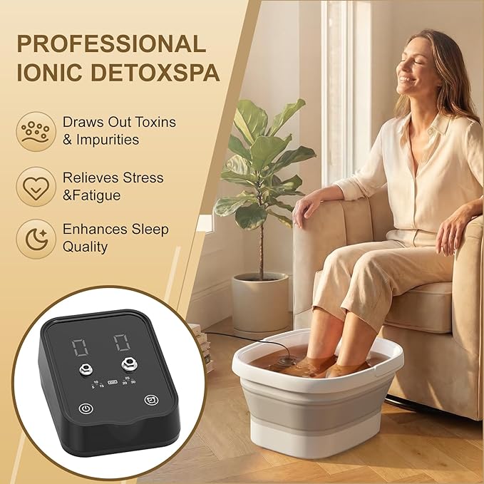 Ionic Foot Bath Detox Machine,Foot Detox Foot Bath Soak Tub with 2 Arrays,80 Disposable Foot Bath Liners,Detox Sea Salt,Folding Foot Spa Bucket,Home Salon-Level Foot Soaking Tub