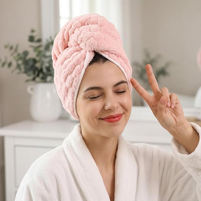 REDKISS Pink Microfiber Hair Towels - Extra Large Hair Towel Wrap for Women, 24x42 inch Hair Towels with Elastic Strap, Super Soft Hair Drying Towels for Long, Thick, Curly Anti Frizz Turbans