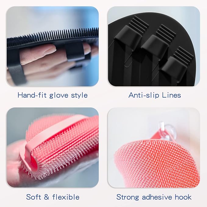Manmihealth Silicone Back Scrubber & Soft Bath Glove, Silicone Scalp Massager Set 5 PCS, Super-Exfoliating Body Scrubber Shower Brush & Shampoo Brush Combination, with 2 Free Hooks (Style 1 Black)