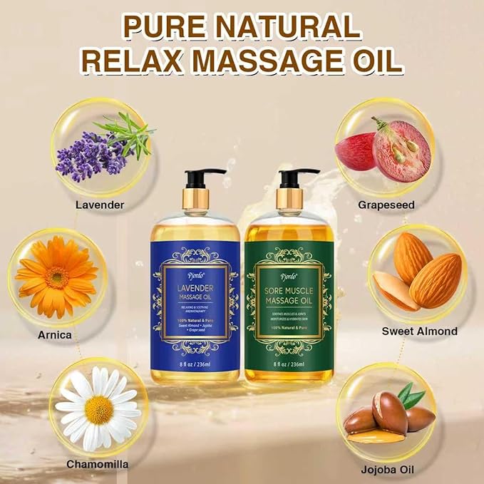 Pjordo 2 Pack Body Massage Oil for Massage Therapy, Sore Muscle Arnica Oil & Lavender Massage Oil for Pain Relief, Massage Relaxing Oil for Soothing Joint & Muscle, Mothers Day Gifts for Women Her