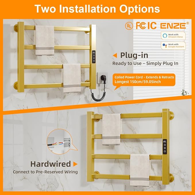 ENZE Smart Luxury Heated Towel Rack, 4-Bar Gold Electric Towel Warmer 115W, Wi-Fi App Control & LED Touch Screen, Adjustable Temperature & 24H Timer, IPX5, 2 in 1 Installation, Low Carbon Steel