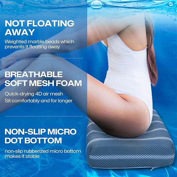 Hot Tub Cushion Pillow for Indoor or Outdoor Use, 16 x 12 x 4.3 Inche Weighted Spa Pillow with Washable 4D Mesh Cover & Non-Slip Micro Dot Bottom, Hot Tub Accessories for Adults,Quick Dry, Grey
