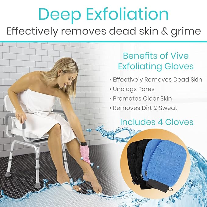Vive Exfoliating Mitts for Body (4 Pack) - Scrub Gloves with Soap-Saver Pocket - Body Exfoliate Shower Dead Skin Remover - Deep Microdermabrasion Exfoliator for Kerastosis Pilaris - Premium