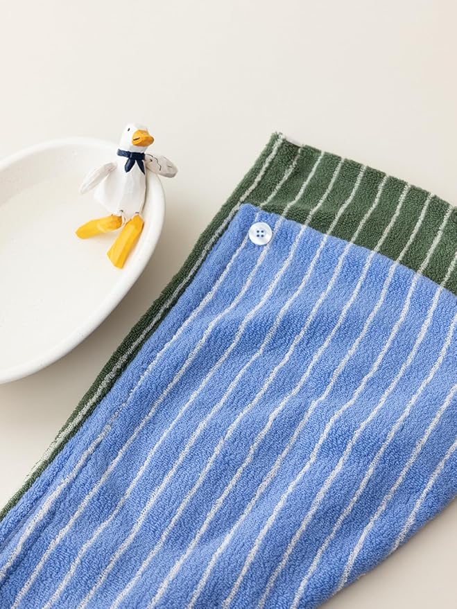 WENSHUO Azure Holiday-Striped Hair Towel Wrap-Drying Tool,100% Combed Cotton,Luxury Hair Dry Towels,Super Absorbent with Button Fasten(Pack of 1)