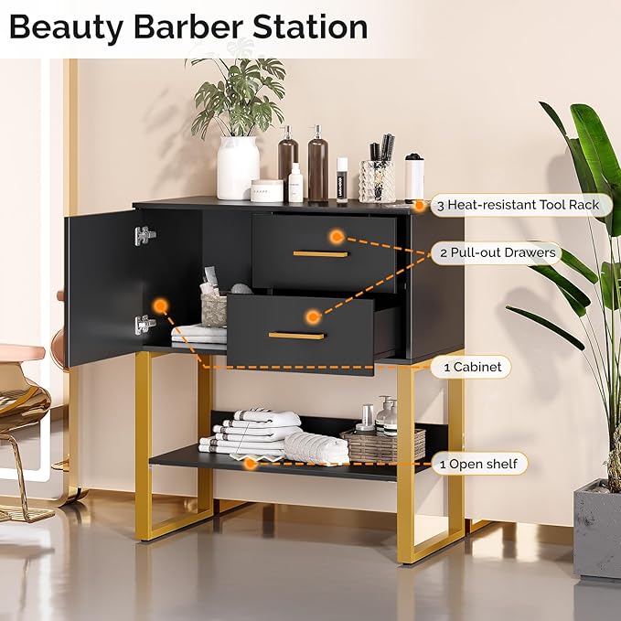 OmySalon Professional Barber Station, Salon Stations for Hair Stylist, Storage Cabinet with 3 Hair Dryer Holders, 2 Drawers, Hairdressing Organizer Table for Beauty Spa Barbershop Home, Black Gold