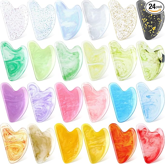 Sherr 24 Pcs Gua Sha Facial Tool Resin Gua Sha Massage Tool Heart Shaped Facial Stone Board for Face Body Skin Massage Spa Acupuncture Prevent Wrinkles (Bright Colors)