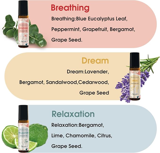 Wecona Aromatherapy Essential Oil Roll-On Set – 6x10ml Essential Oil Blends with Roller Bottles, Portable Essential Oils for Diffusers for Home,Relaxing Gift for Women & Men