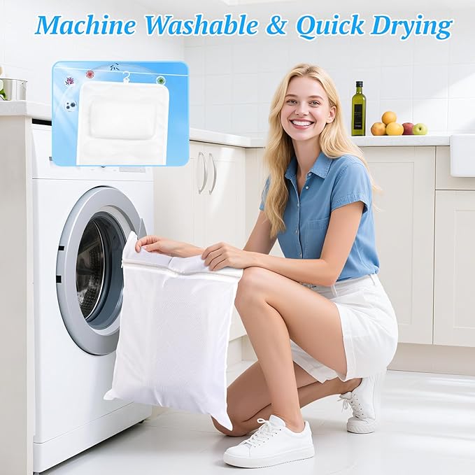 TranquilRelax Bath Pillow for Tub with Laundry Bag & 17 Non-Slip Suction Cups, Extra Thick and Soft Bathtub Pillow for Head, Neck & Shoulder Support, 51" x 16" White