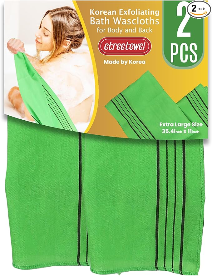 etreetowel Extra Large Size 35.4" x 11" (2 PCs) Korean Asian Exfoliating Bath Washcloths Mitt Scrub for Body and Back washcloth Glove Viscose Rayon Towel for Soft Skin