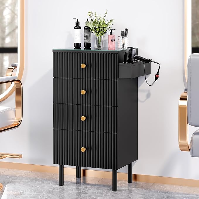 OmySalon Salon Station, Barber Station for Stylist, Hair Storage Cabinet with Glass Top & 4 Drawers & 3 Heat Resistant Tool Holders, For Beauty Spa, Salon, Black