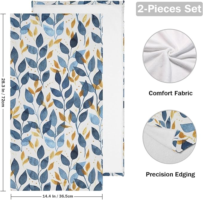 Blue and Gold Leave Branches Hand Towels for Bathroom Set of 2,Watercolor Navy Golden Leaf Decorative Bathroom Towels for Bath,Face,Hair,Soft Absorbent Dish Towels for Kitchen Decor 28"x14"