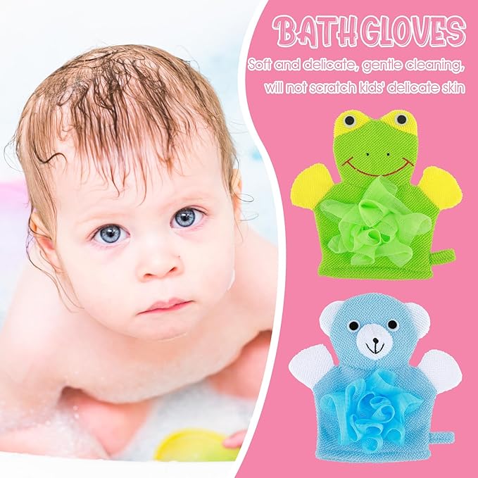 Bath Gloves Loofah for Kids, 2 Pcs Cute Animal Kids Sponges Shower Gloves Loofah Colorful Exfoliating Body Scrubber for Baby Gentle Soft and Easy to Lather (Blue Bear, Green Frog)