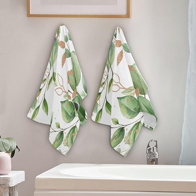 Green Gold White Leaves Hand Towels for Bathroom Set of 2,Eucalyputs Leaf Floral Branches Decorative Bathroom Towels for Bath,Face,Hair,Soft Absorbent Dish Towels for Kitchen Decor 28"x14"