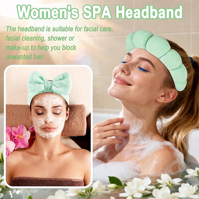 Zkptops 6Pcs Spa Headband for Washing Face Wristbands Set Women Bubble Makeup Sponge Terry Cloth Padded Puffy Headband Bow Tie Skincare Hairband Cute Non Slip Thick Hair Accessory Gifts (Light Green)