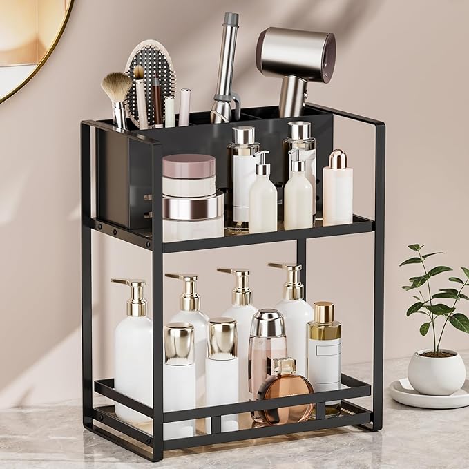 SanDream Hair Tool Organizer Bathroom Countertop, 2-Tier Metal Bathroom Organizer with Blow Dryer Holder, Large Capacity Space-Saving Vanity Shelf for Perfume, Skincare & Makeup Storage (Black)