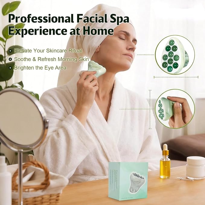 Jade Roller for Face, Gua Sha Facial Tool, Ice Eye Massager for Puffy Eyes & Dark Circles, Cold Skin Care Face Roller, Lymphatic Drainage Stone Massager, Neck Chin Jaw Line Lifting (Green)