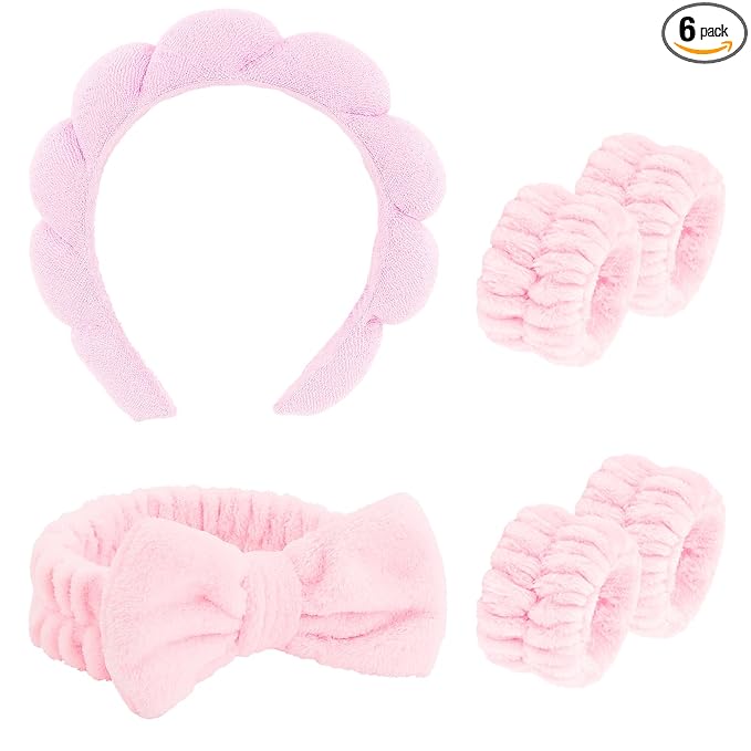 CAVETEE 6 Pack Spa and Makeup Headbands for Face Washing - Cute Puffy Bubble Bow Tie Headbands with Wristbands for Women and Girls