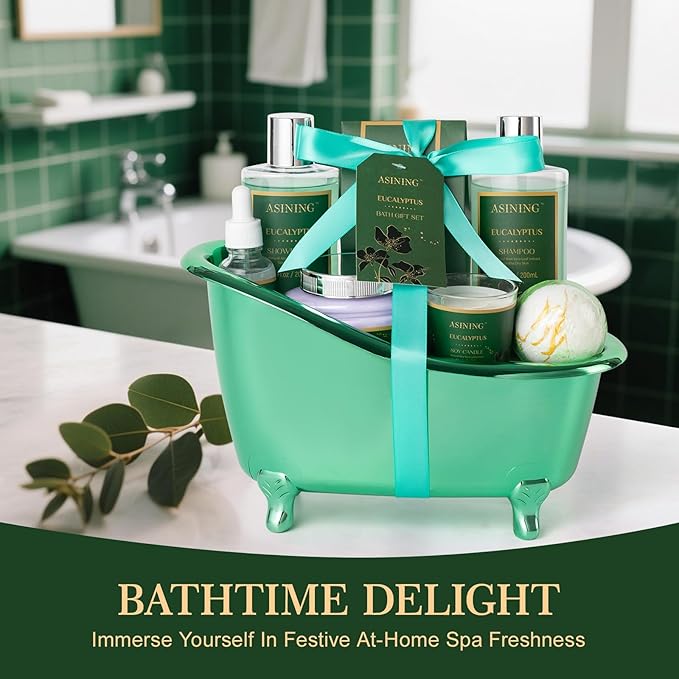 Home Spa Gift Basket - Eucalyptus- Luxurious 9pc Bath & Body Set For Men & Women, Contains Shower Gel, Shampoo, Scents Lotion, Body Oil, Bath Salt, flowers Bath Bomb, Spa Basket