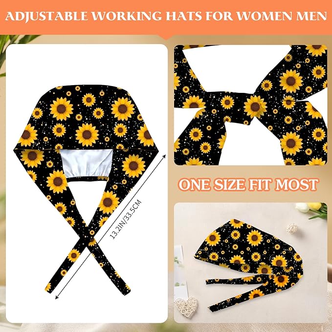 Adjustable Scrub Cap with Buttons & Sweatband, Working Hat with Elastic Tie Back, Unisex Nurse Surgical Caps for Women & Men