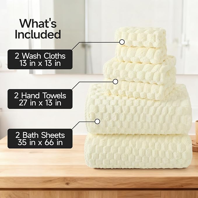 REDKISS Cream Microfiber Towels Set of 6-35x70 Inches Oversized Bath Sheets, Extra Large Bath Towels Set of 6, Super Soft Quick Dry Lint Free Absorbent Waffle Microfiber Shower Towels