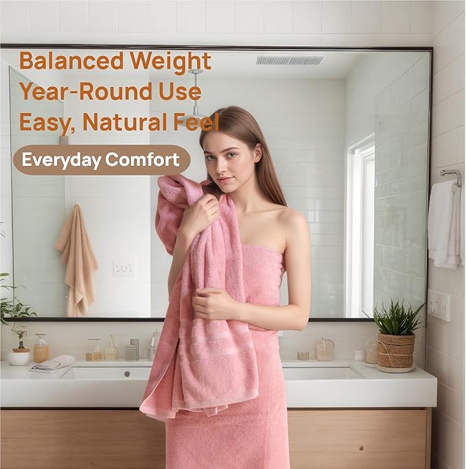 Bath Towels 2 Pack, 30 x 60 Inches, Large 100% Cotton Towels, Soft, Absorbent, Comfortable for Home, Spa, and Gym, (Pink)