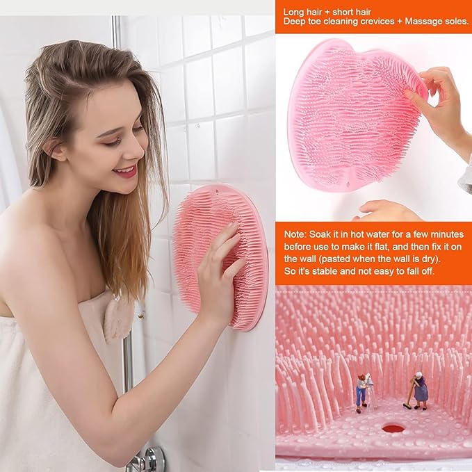 Shower Back & Foot Scrubber,Wall Mounted Back Scrubber Silicone Bath Massage Cushion Brush with Suction Cups,Bathroom Wash Foot Mat Exfoliating Dead Skin Foot Brush (L-Pink 1pcs)