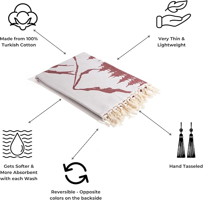 InfuseZen Turkish Towel with Mountain Landscape – 100% Organic Turkish Cotton - Sand Free Quick Dry Beach Peshtemal – Thin Reversible Absorbent Pool Hammam – Plus Size Gym, Travel Fouta (Burgundy)