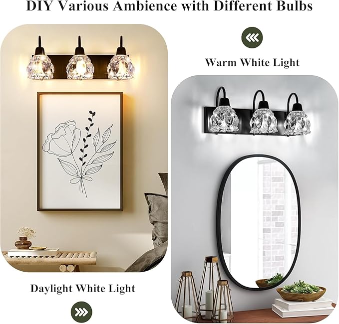 3-Light Bathroom Light Fixtures, Black Modern Bathroom Vanity Lights with Flower Glass Shade, Bathroom Wall Lamp for Mirror Bedroom Kitchen Living Room Hallway Cabinet Porch, E12 Bulbs Needed