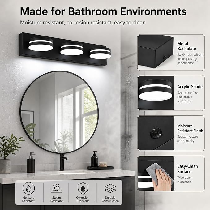 3-Light Bathroom Vanity Light Over Mirror, (24inch Dimmable) Matte Black LED Vanity Lighting Fixtures, Modern Bathroom Wall Light Fixtures with 360°Rotating Lamp Head (Cool White 5500K)