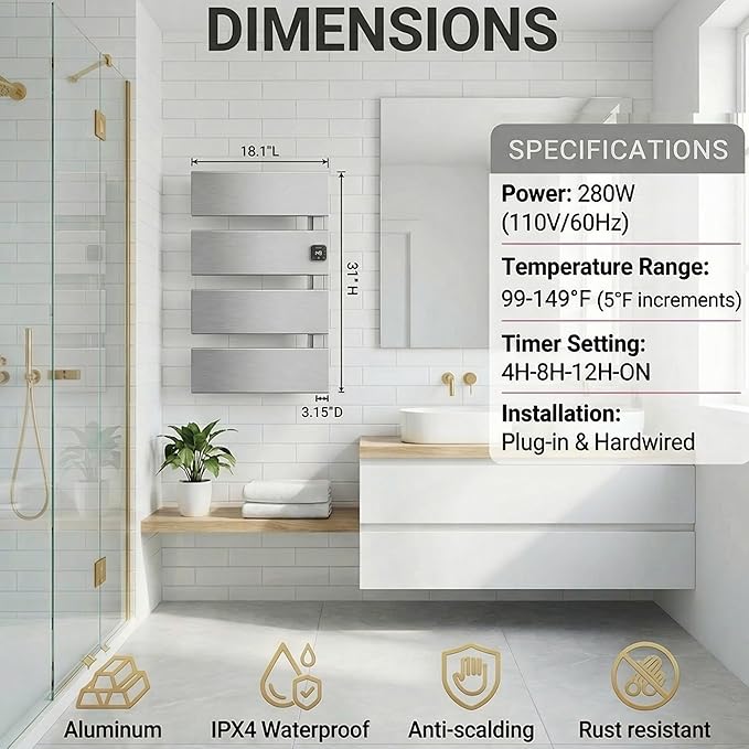 Electric Towel Warmer, Heated Towel Rack with Thermo Control and Timer, Fast Heating Towel Rail for Bathroom with Memroy Function, Work with Smart Plug, Right-Wiring, 4 Panel, Silver