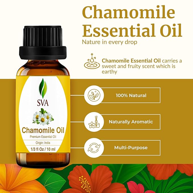 SVA Chamomile Essential Oil – 1/3 Fl Oz – 100% Natural Chamomile Oil - for Diffuser, Hair Care, Face, Skin Care, Aromatherapy, Scalp and Body Massage, Soap and Candle Making