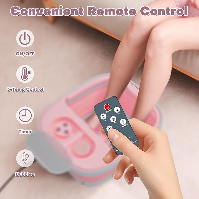 Collapsible Foot Spa Bath Massager with Heat, Remote, Temperature Control, Timer, Foot Soaking Tub with Pedicure Kit & 3 Attachments, Pedicure Foot Spa for After Work Relaxation (Pink)