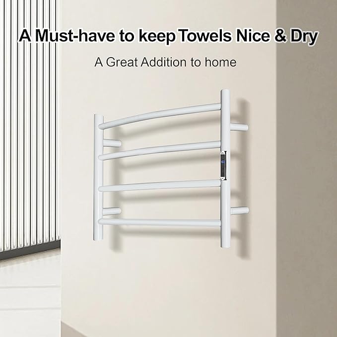 Towel Warmer with Built-in Timer Bathroom Wall Mounted Bath Towel Heater Plug-in Electric Heated Towel Rack Stainless Steel Curved Round Oil Rubbed Drying Rack 16.54x23.62x5.51 inches White