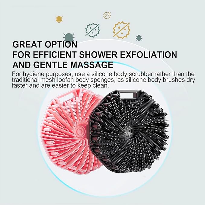 RamPula Silicone Body Scrubber, Silicone Loofah, Quick-Dry Exfoliating Body Brush for Wet or Dry Brushing, More Hygienic Than Traditional Loofah, Medium-Bristle Brush, Black and Pink