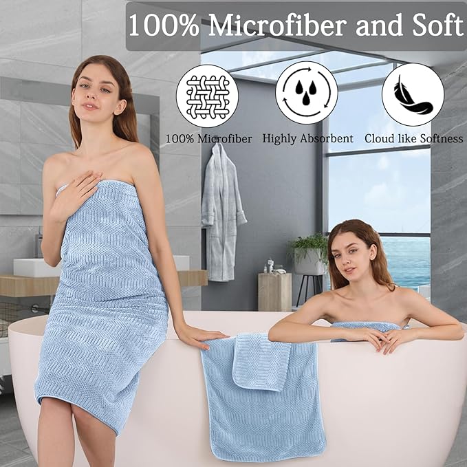 8 Piece Bath Towel Set-2 Oversized Bath Sheets(35"x70"),2 Hand Towels,4 Washcloths-Extra Large Microfiber Towel Sets,Less Lint Highly Absorbent & Quick Dry Bath Towels for Bathroom Gym Pool,Blue