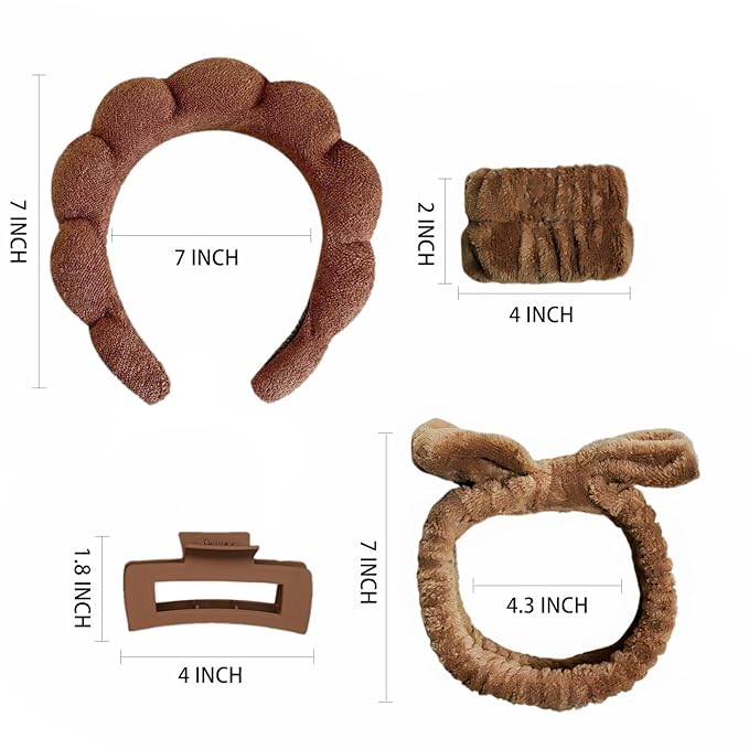 7 Pcs Spa Set, Facial Headband and Wristband Set, Skincare Accessories, College Style Girl Idea Gifts, Hair Accessories for Women and Girls （Dark Brown）