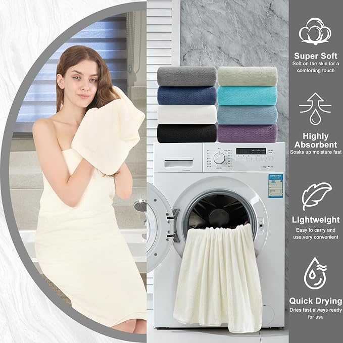 8 Piece Bath Towel Set |2 Oversized Large Bath Sheet,2 Hand Towels,4 Washcloths| Ultra Soft Cozy Bath Towel Set for Bathroom Hotel Gym Spa,Highly Absorbent Quick Dry Bathroom Towel Collections,Cream