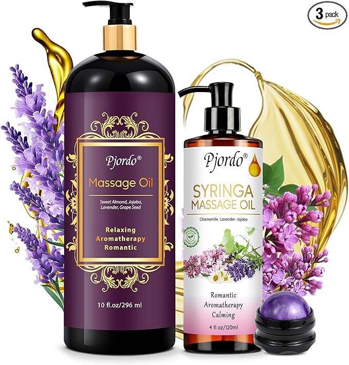 Pjordo 2 Pack Massage Oil for Massage Therapy, Lilac Oil, Lavender Massage Oil for Skin, with Massage Roller Ball, Natural Body Oil for Calming, Aromatic, Soothing, Spa Gift Set for Him Her