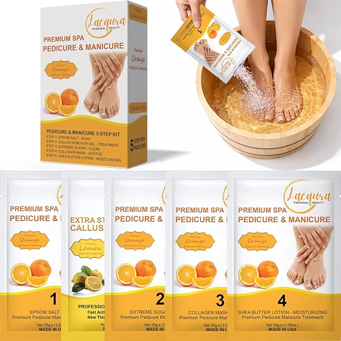 Deluxe Pedicure Kit 5 Step Spa Set – Epsom Salt Soak, Callus Remover Gel, Sugar Scrub, Collagen Mask & Shea Butter Lotion – Professional At Home Foot Care (Orange, 40 Sets)