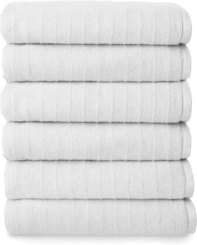 Welhome James 100% Cotton Textured Stripe Towels - 6 Pack Hand Towels, Soft & Absorbent, White