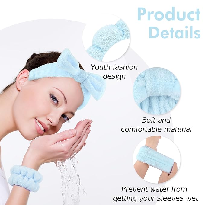 Zkptops 6Pcs Spa Headband for Washing Face Wristbands Set Women Bubble Makeup Sponge Terry Cloth Padded Puffy Skincare Headband Bow Tie Hairband Cute Non Slip Thick Hair Accessory Gifts (Blue)