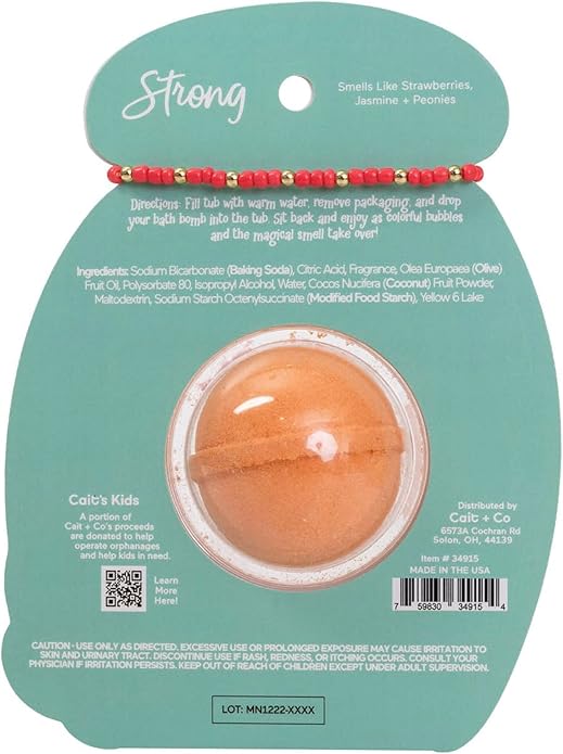 CAIT + CO "Strong Bath Bomb & Friendship Bracelet Gift Set Coconut Milk Scented Orange Bath Fizzle (3.5 oz) with Beaded STRONG Bracelet - Empowering & Relaxing Gift for Teens, Women