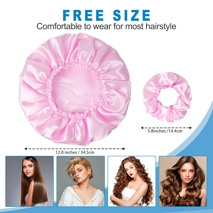 Shower Cap for Women Set of 4, Bath Caps, Double Layers Hair Caps + 3 Satin Hair Scrunchies, Reusable Waterproof Shower Caps, Elastic Hair Cap for Shower - Pattern B