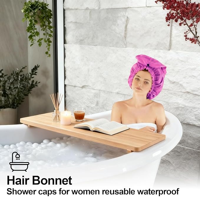 ELEBOX 4 Pack Extra Large Shower Cap for Braids/Curly Hair/Dreadlock | XL Bathing Cap with Adjustable Drawstring & Button | Reusable Waterproof Long Bonnets for Women Shower/Cooking/Cleaning/Spa