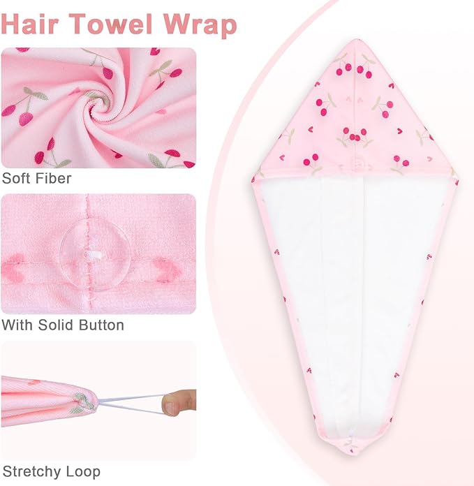 Unicorn Castle Microfiber Hair Towel for Kids 2Pack Hair Wrap Towels Absorbent Hair Drying Towel Wrap Hair Turbans for Curly Thick Hair, Pink White Cherry