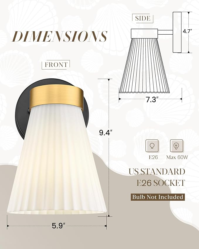 Set of 2 Wall Sconces for Bathroom, HWH 1-Light Bathroom Vanity Light with Frosted Milk White Striped Glass, Indoor Wall Mount Lighting Fixtures, Black and Gold Finish, 5HZG97B-2PK BK+BG